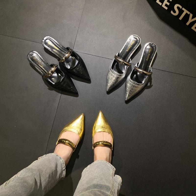 Fashion 2025 New Style Women's Summer Cover Slippers Fashion Metal Decoration Thick Heel Slide Shoes Comfort Style Footwear