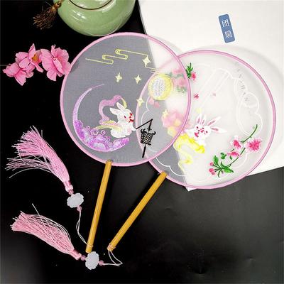 Round Double Sided Embroidery Fan Chinese Style Wooden Handle Embroidery Round Fan with Pendant Handheld Flower Silk Fan