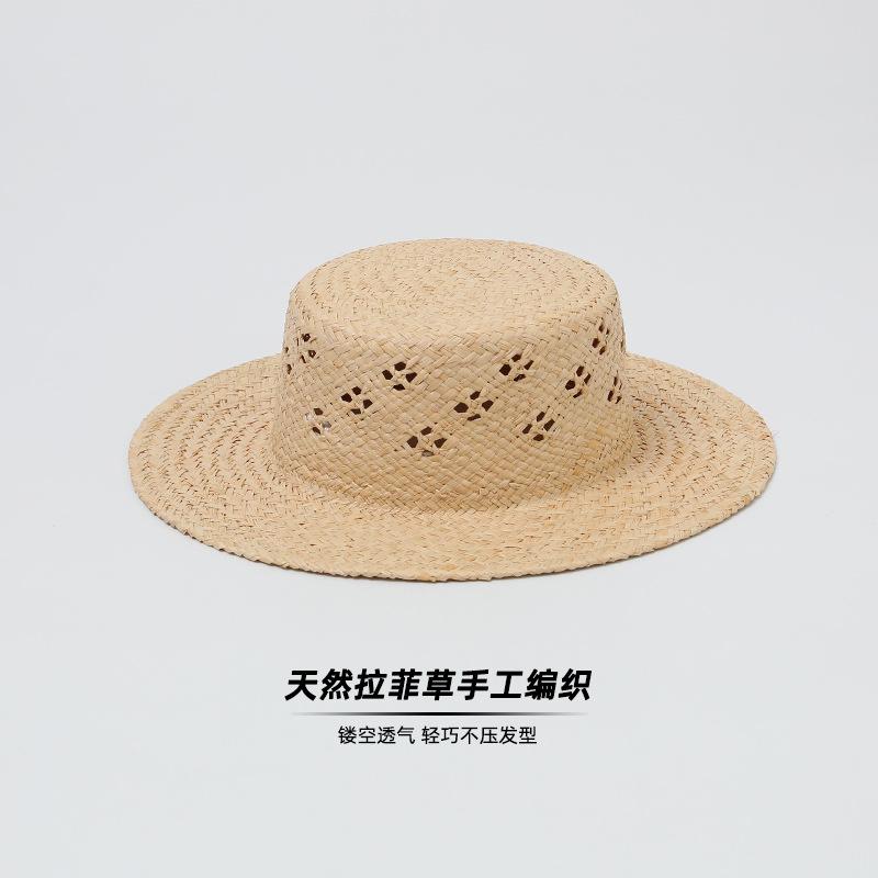 Women's Summer Hand-Woven Hollow Lafite Straw Hat Flat Top Wide Brim Sun Hat Outdoor Travel UV Protection Foldable Beach Visor