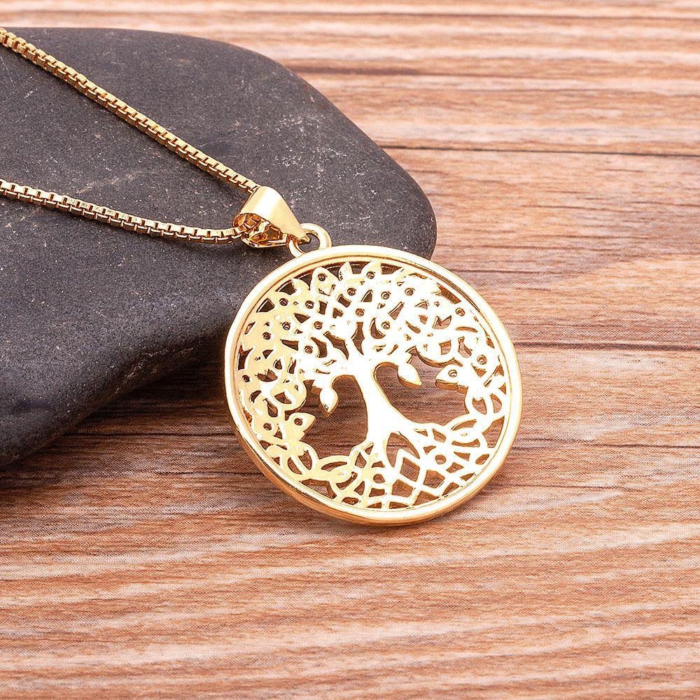 Nidin Trendiges personalisiertes Lebensbaum-Halskette für Damen Vergoldeter runder Anhänger Zirkon Schmuck Weihnachtsgeschenke für Eltern Großhandel