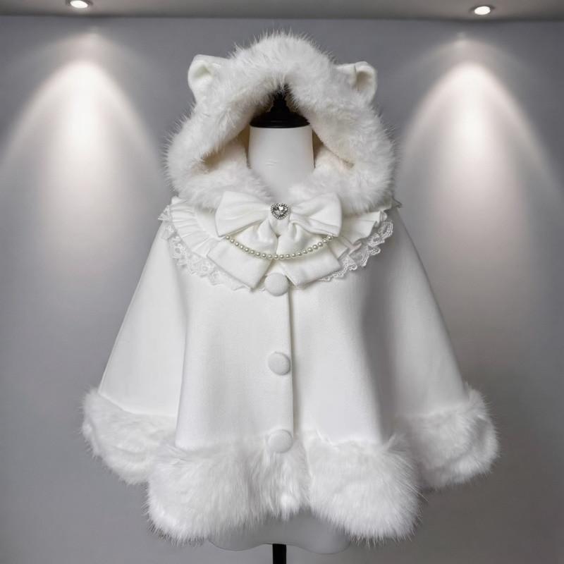Gothic Lolita Winter Warm Shawl Overcoat Women's Cute Girl Bow Hooded Patchwork Kawaii Cope Woolen Female Chic Fur Collar Coat