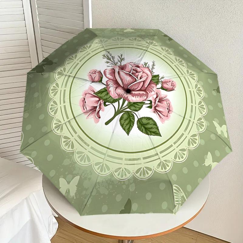 1PC Rose ButterflyAutomatic Open/Close Umbrella with Windproof, 8-Rib Sturdy Canopy, Durable Ribs, Fashionable Design, Outdoor Accessory, Fun Prin, Ho