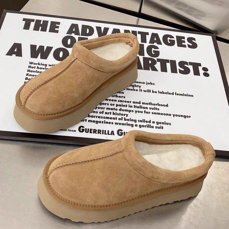 2025 New Women Mules Short Plush Slippers Suede Genuine Fuzzy Slippers Classic Quality Women Soft House Cotton Slippers