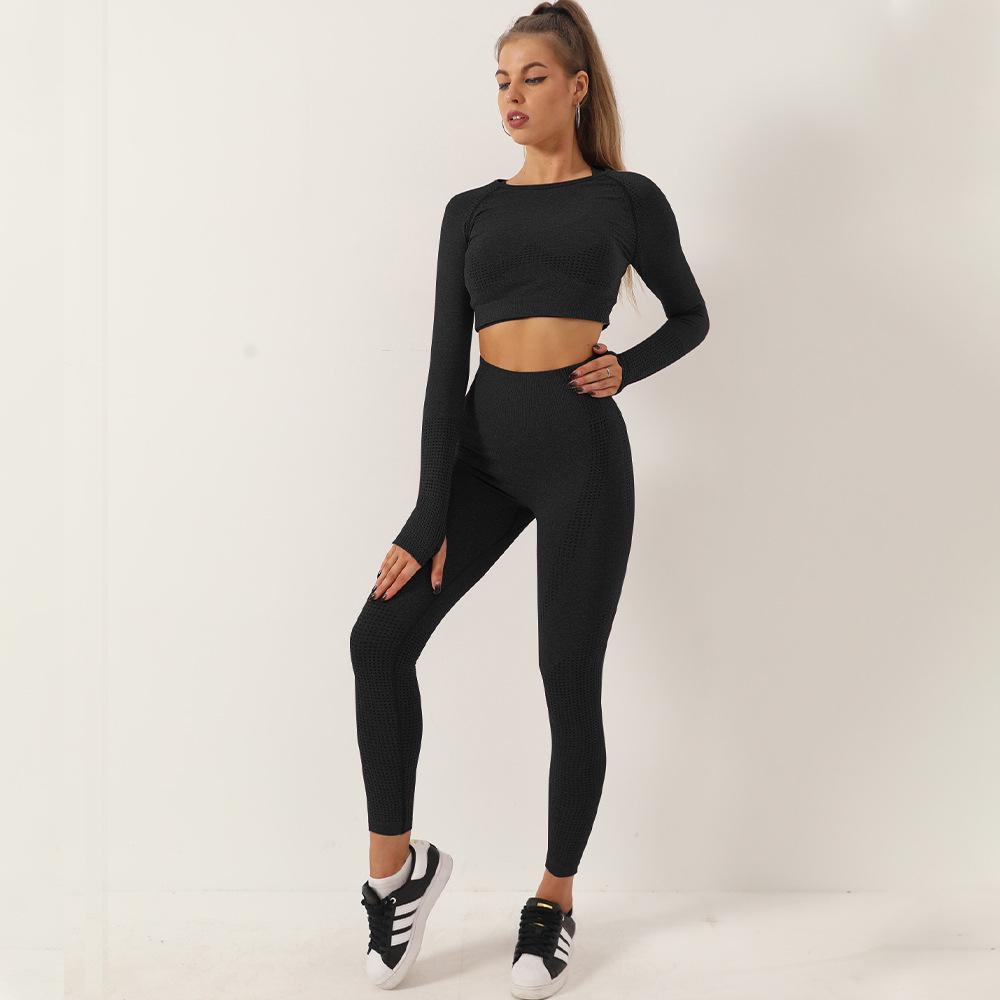 Damen High-Waist Nahtloses Polka Dot Yoga- und Laufset - Zweiteilig Langarm und Hose