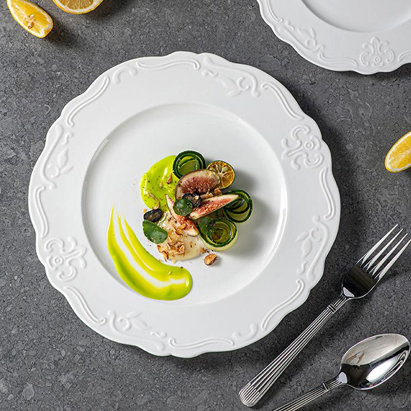 French Style Relief Ceramic Plates New Household 8 Inch Exquisite Cake Dessert Dish Round Vintage Aesthetic Dinner Tableware