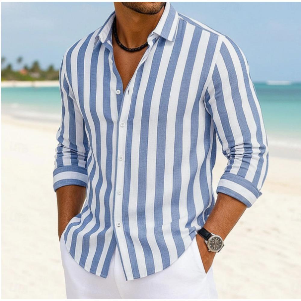 Men's Striped Pattern Printed Long Sleeve Shirts Casual Cardigan New Button Holiday Fashion Shirts