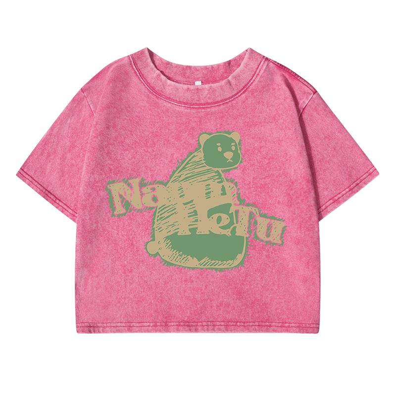 Long Necked Teddy Bearprinting Women Wash Short Tshirt Breathable Midriff-Baring Tee Tops Distress O-Neck Clothes