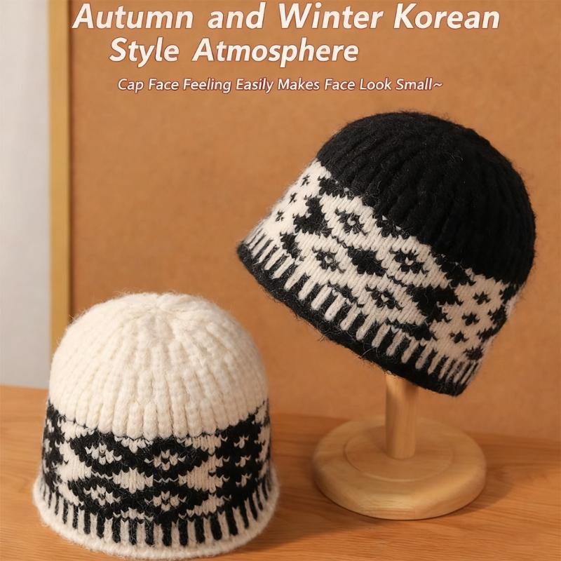 Knitted Pullover Hat for Winter Warmth Soft Wool Rhombic Pattern Hat for Women Men Unisex Fashion Styling Headpiece