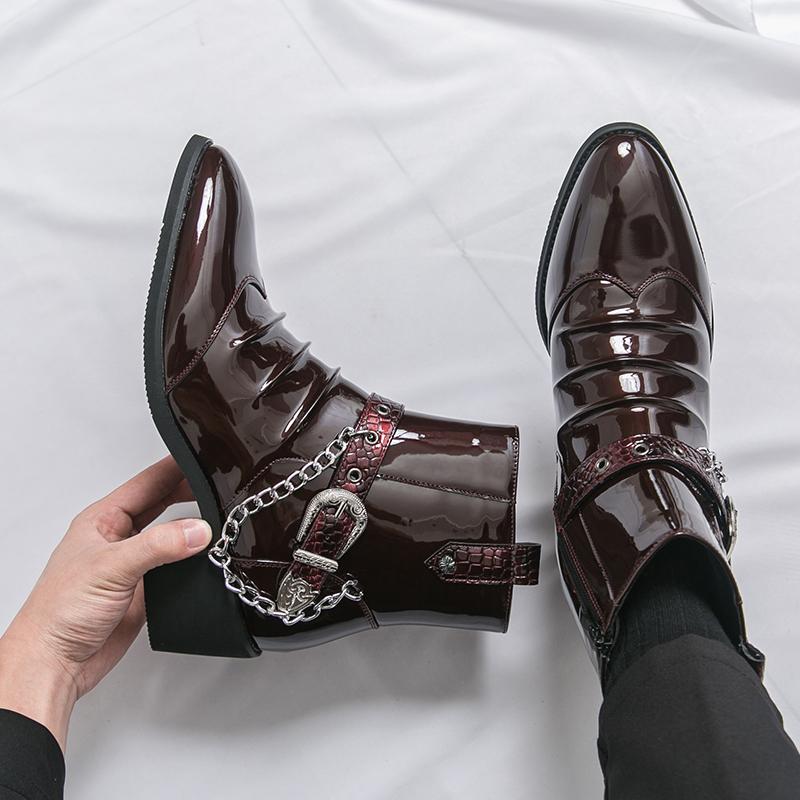 Men High Top Boots Pu Pointed Chain Decoration Fashionable Classic Men Boots Sizes 38-46