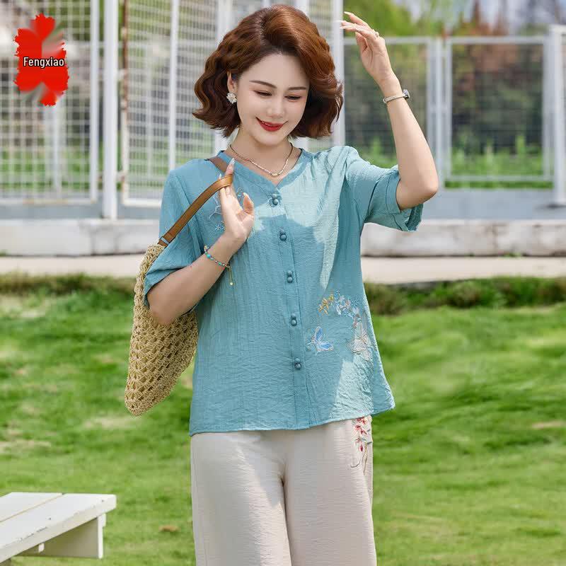 Middle-Aged Women's New Chinese Style Short Sleeve Two-Piece Set