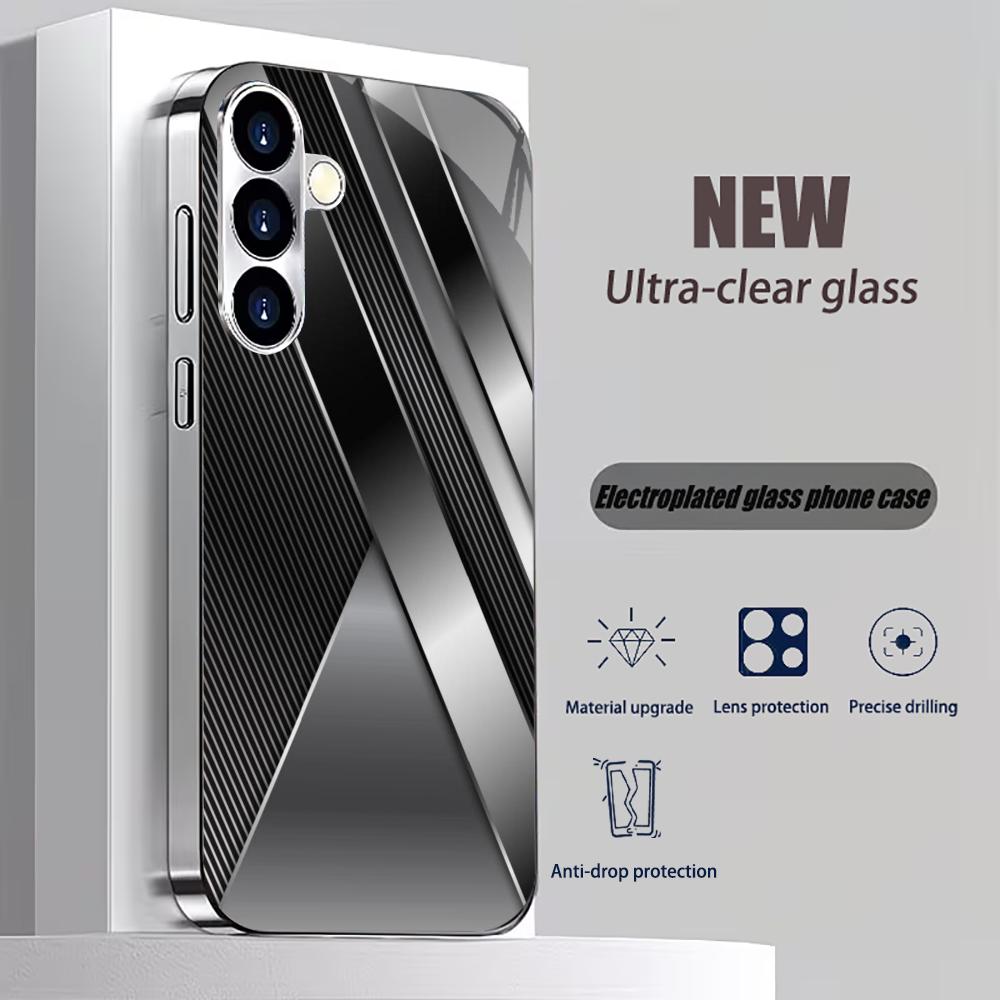 Silver gray metal cut glass phone case suitable for Samsung Galaxy S26 S25 S24 S23 S22 S21 S20FE/Ultra/Plus anti drop back cover