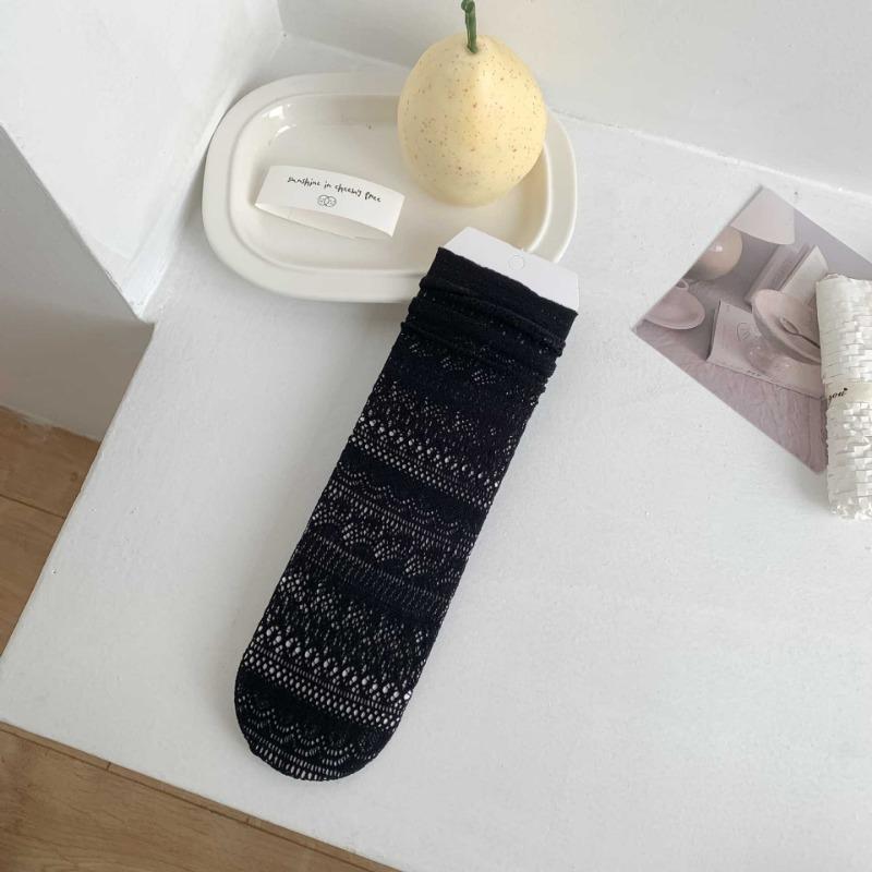 

Женские весенне-летние однотонные кружевные ажурные дышащие милые гольфы-трубы со встроенным носком 1 pair чёрный