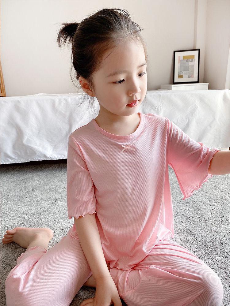 

2025 Girls Ice Silk Pajama Set: Thin Modal Summer Homewear for Small & Medium Children, Cute Style. 140cm рожевий