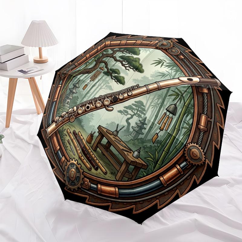 Steampunk Flute Forest Scene pattern umbrella, portable and foldable design, 8 ribs, a casual accessory for Halloween, Christmas, and birthday gifts.
