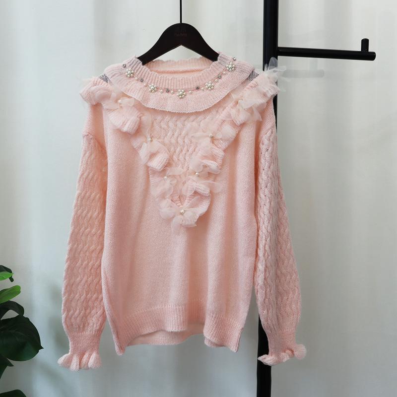 Bead Splicing Mesh Knitted Sweater Top Autumn and Winter New Loose Sweet Soft Waxy Gentle Sweater Pullover Woman