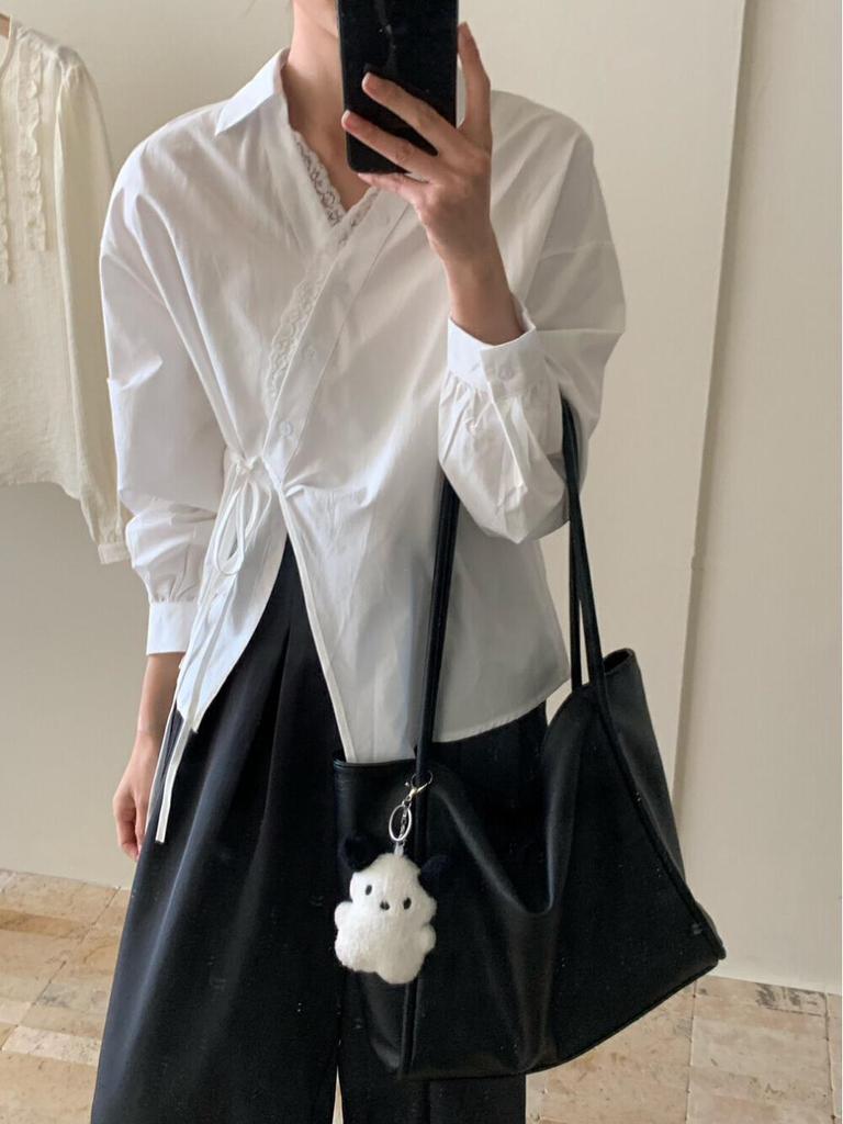2025 French Fashion Long Sleeve Irregular Lace Tie Waist Slimming Solid Top