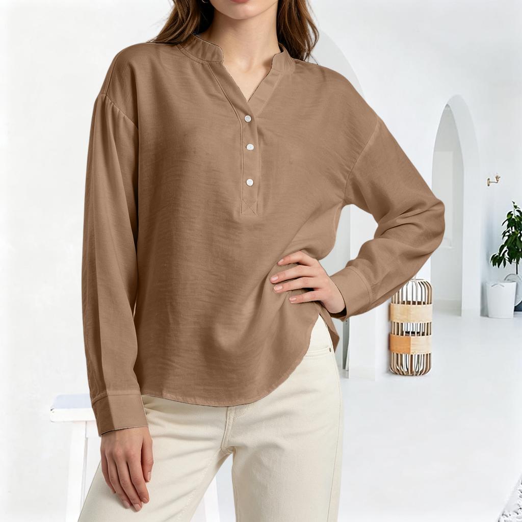 Women's Fashion Casual Loose Pleated Button-Up Long Sleeve  Color Pullover Shirt Top
