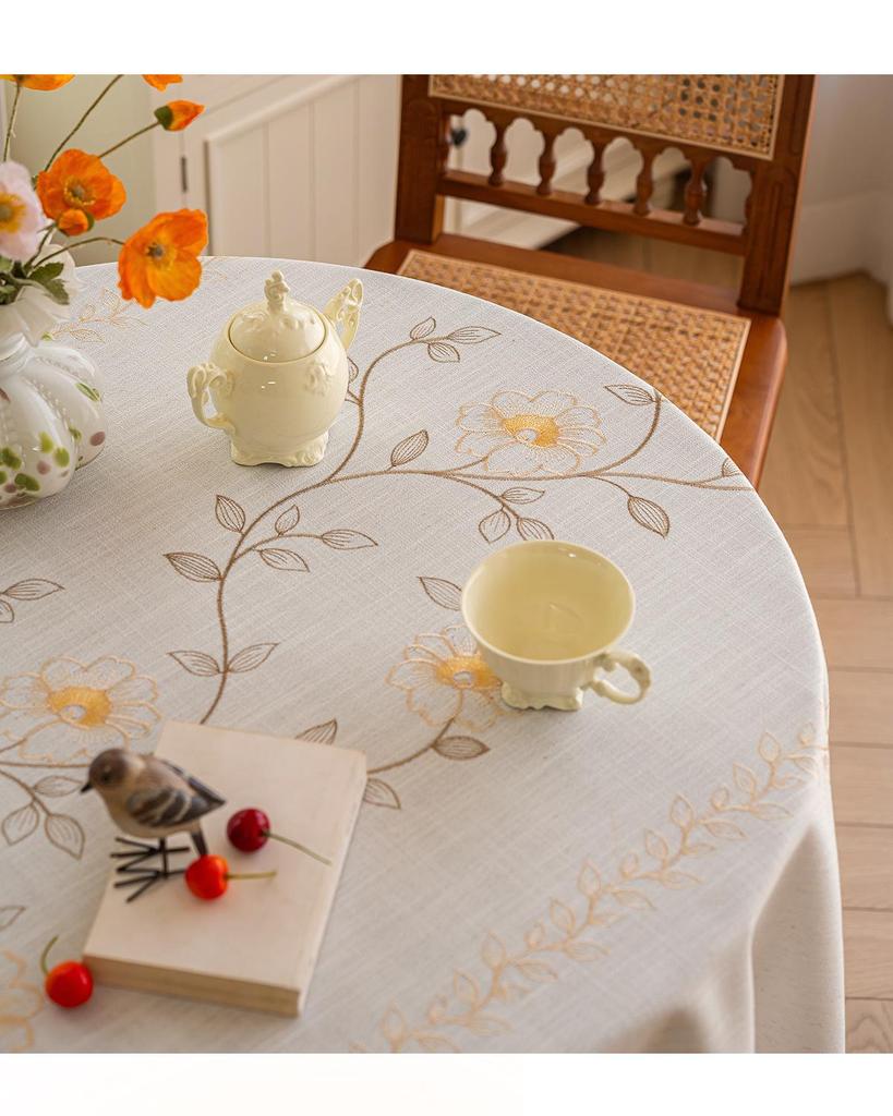 Waterproof Cotton Linen Embroidered Tablecloth for Dining or Coffee Table
