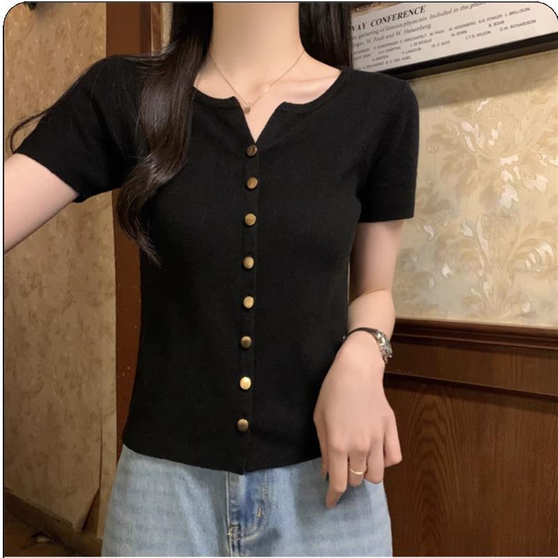 Korean Fashion Short Sleeved Cardigan Knitted Sweater Women Single-breasted V-neck Summer Tops Slim Fit Casual Office Elegant Coats Clothing