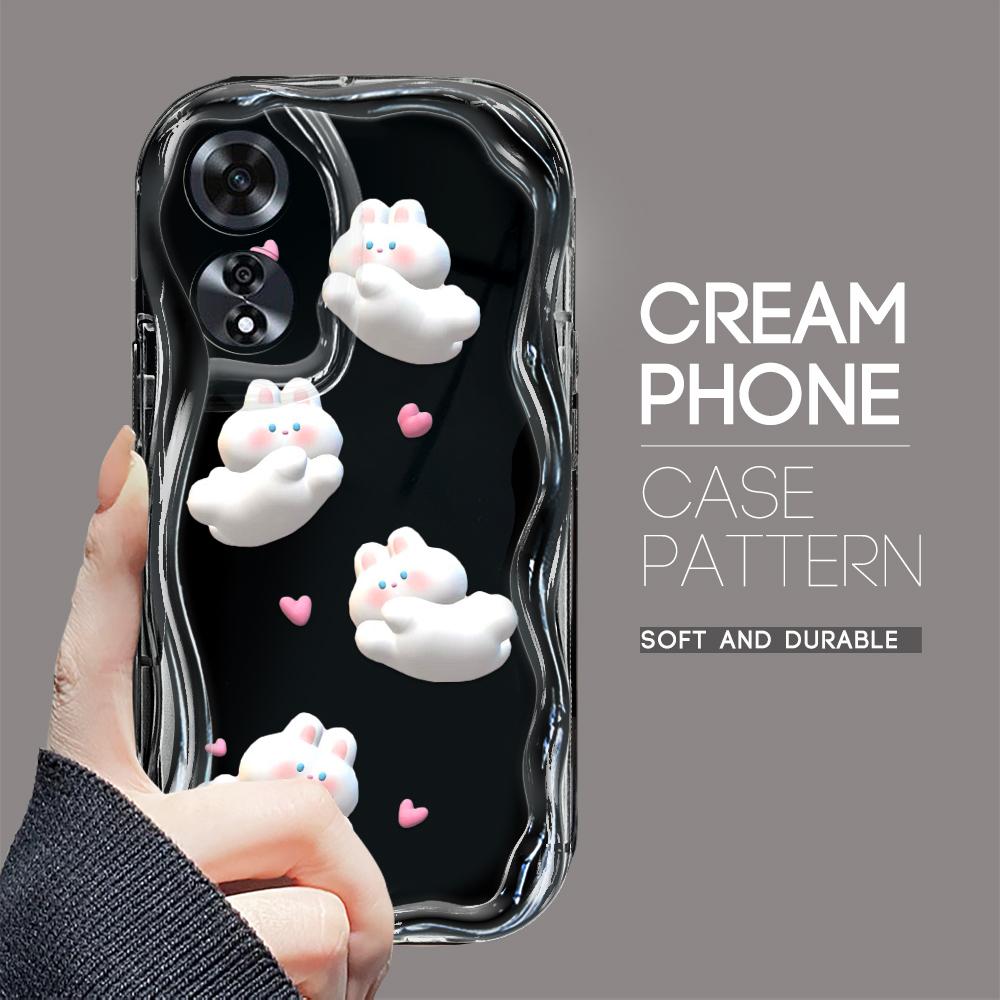 For OPPO A17 A18 A38 A58 A98 Reno7 Z 8Z 8T 11F 11 Pro Realme 12 Lite 12 Pro C30 Cute Rabbits Cream Texture Casing Wavy Edge Soft Silicone Phone Case