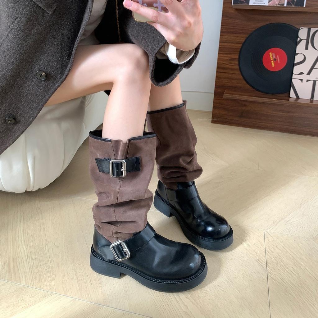 Cowhide version~ retro leather splicing boots women's pleated stacking boots small thick-soled heightening fashion boots