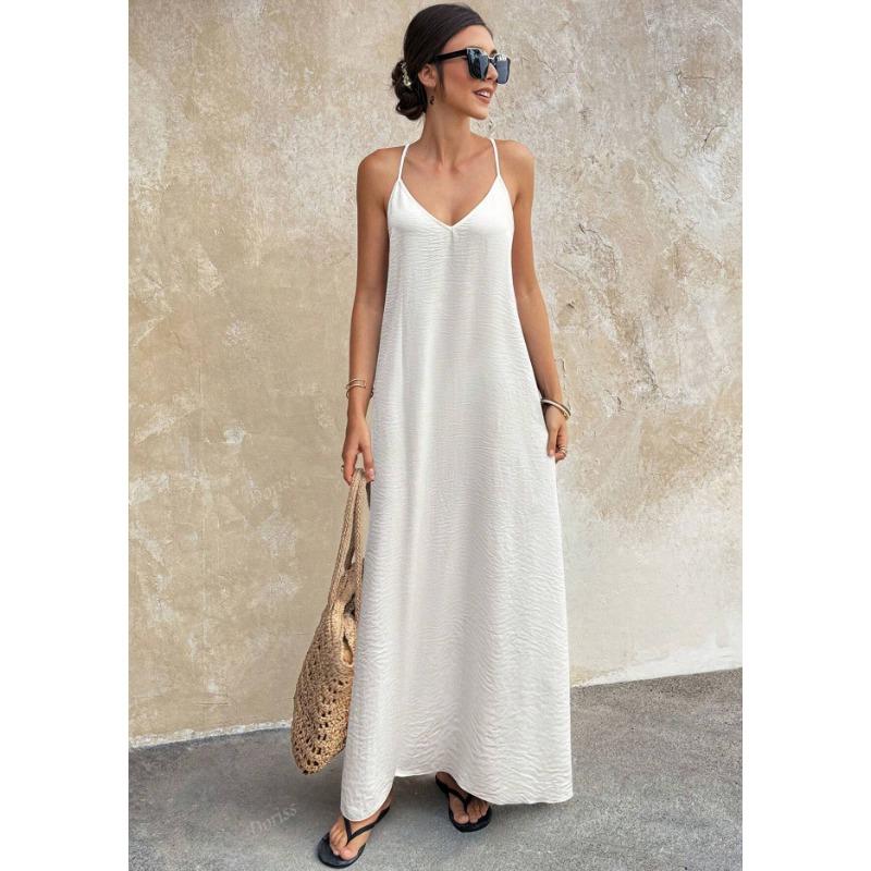 Damen Mode Lässig Einfarbige V-Ausschnitt Rückenfrei Ärmelloses Cami Langes Kleid