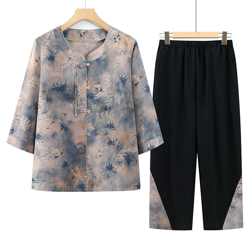 

Elderly Women s Chinese Style Seven-Sleeve Top & Summer Two-Piece Set 3XL (125-135 jin) синий