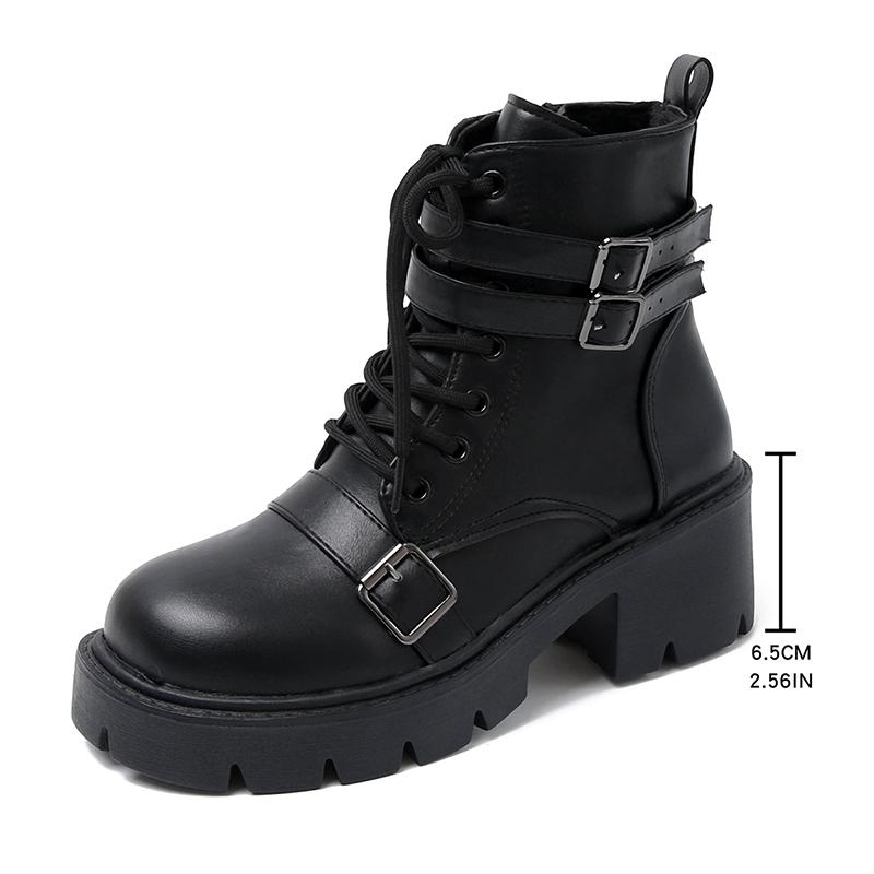 Fashion Chunky Platform Combat Boots for Women Fashion Buckle Strap Thick Heel Ankle Boots Woman Autumn Winter Black PU Leather Booties