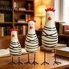 Solid Wood Animal Figurines 3Pcs Hand-Painted Wooden Chicken Figurine Set Cute Desktop Decor with Striped Black Chick Set & White Design Metal Legs