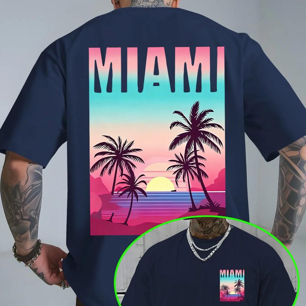 Reine Baumwolle Atmungsaktiv Neon-Farbverlauf Miami Unisex Strandmotiv T-Shirt Ein Vielseitiges Oberteil Für Sommerliche Strandausflüge 2026 Sommer Neu