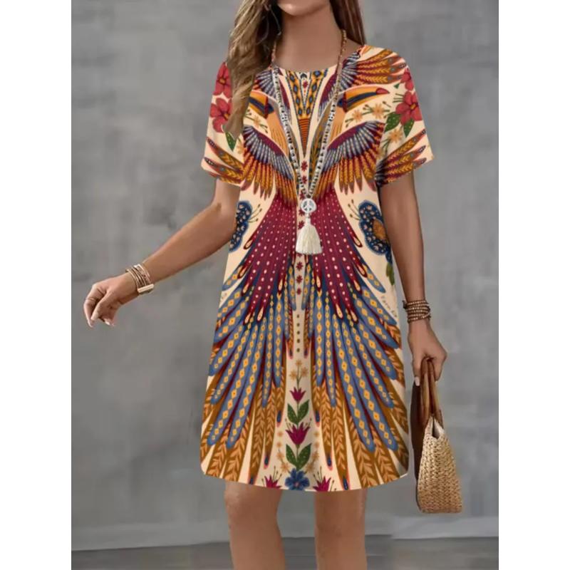 Patterns Women Mini Dresses Summer Short Sleeve Printed Plus Size Casual Comfortable Soft Dress