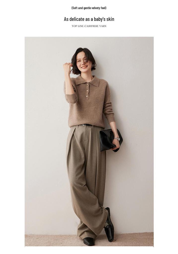 2024 Autumn/Winter Women's Cashmere Polo Neck Buttoned Lapel Pullover