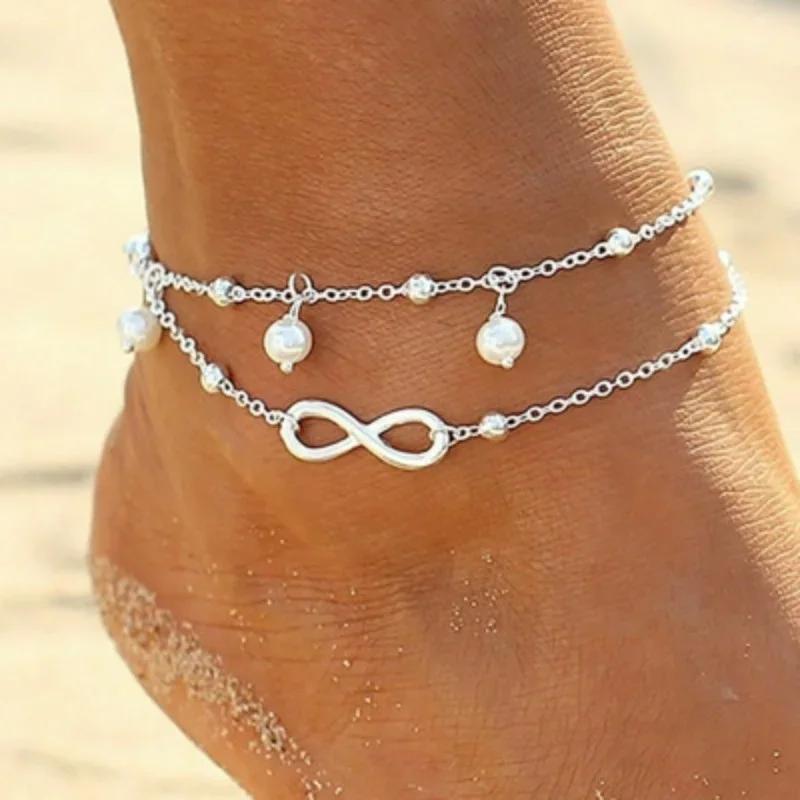 Beach Anklet Sexy Women Summer Fashion European and American Pearl 8-character Anklet Double Layer Printing Jewelry Beaded