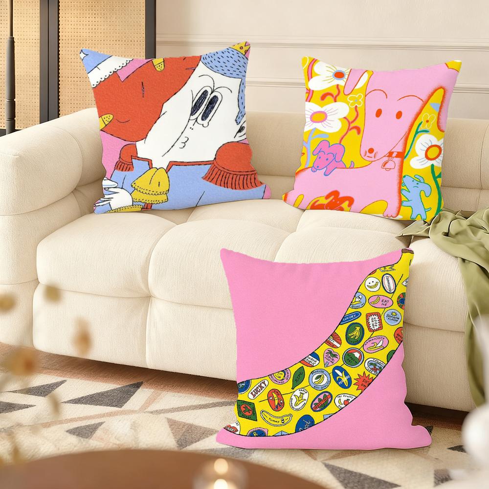 Cushion Cover Silky Short Plush Home Sofa Cushion Cover - Invisible Zipper Home Decoration Cute illustration art