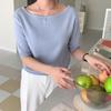 New Arrivals Open Run Women Boat Neck Solid Basic Short Sleeve Knit