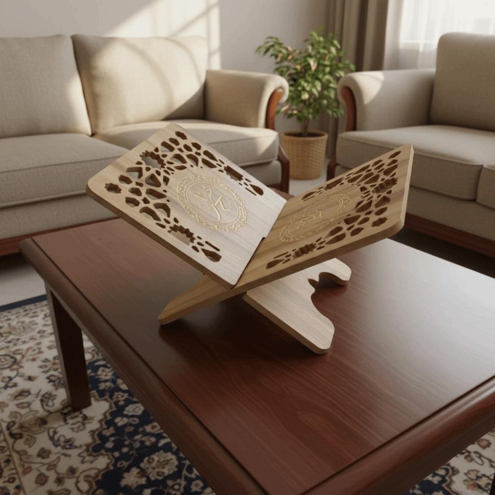 Flower Pattern Wooden Quran Holder Elegant Style Hollow Out Recipe Storage Rack Detachable Book Display Rack Ramadan Decor