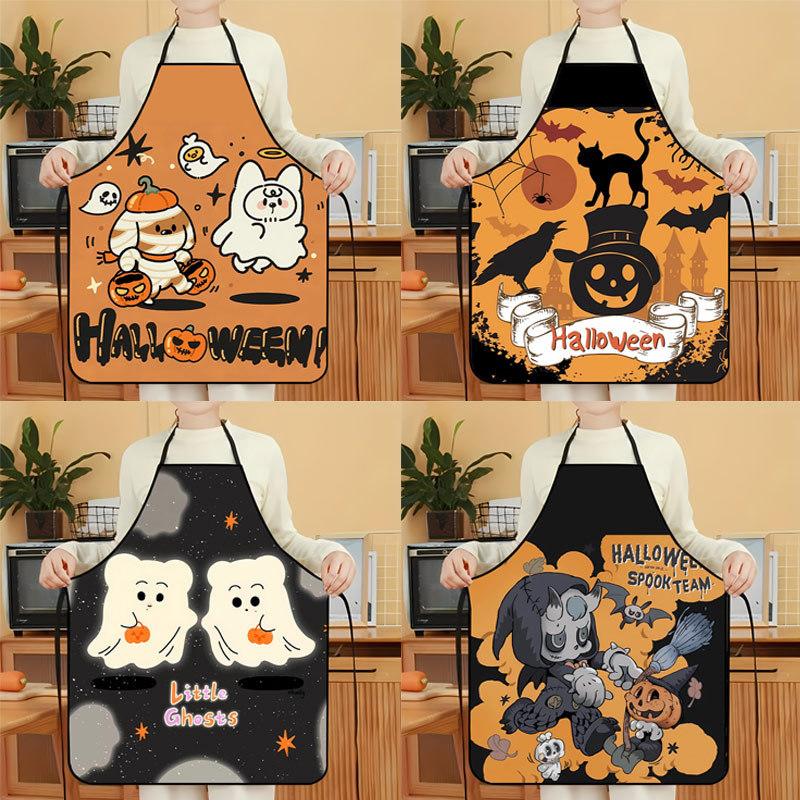 Halloween Pumpkin Skeleton Waterproof Apron With Cartoon Print For Kitchen And Home Use