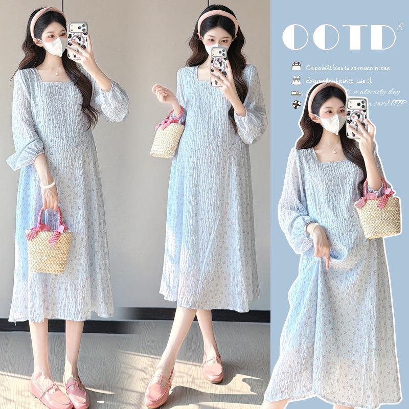 2026 Spring Maternity Sweet Floral Print Square Neck Dress - New Korean Fashion Style M