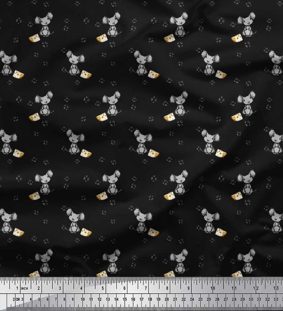 Soimoi Japan Crepe Satin Fabric Footprint,Cheese & Rat Kids Print Fabric by Metre 42 Inch