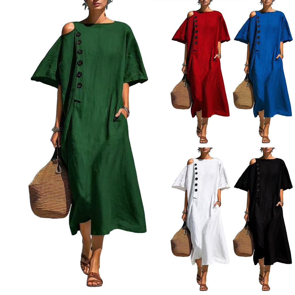 Modisches Damen Hemdkleid mit Rundhalsausschnitt, lockerer Passform, aus Baumwoll-Leinen-Mischung