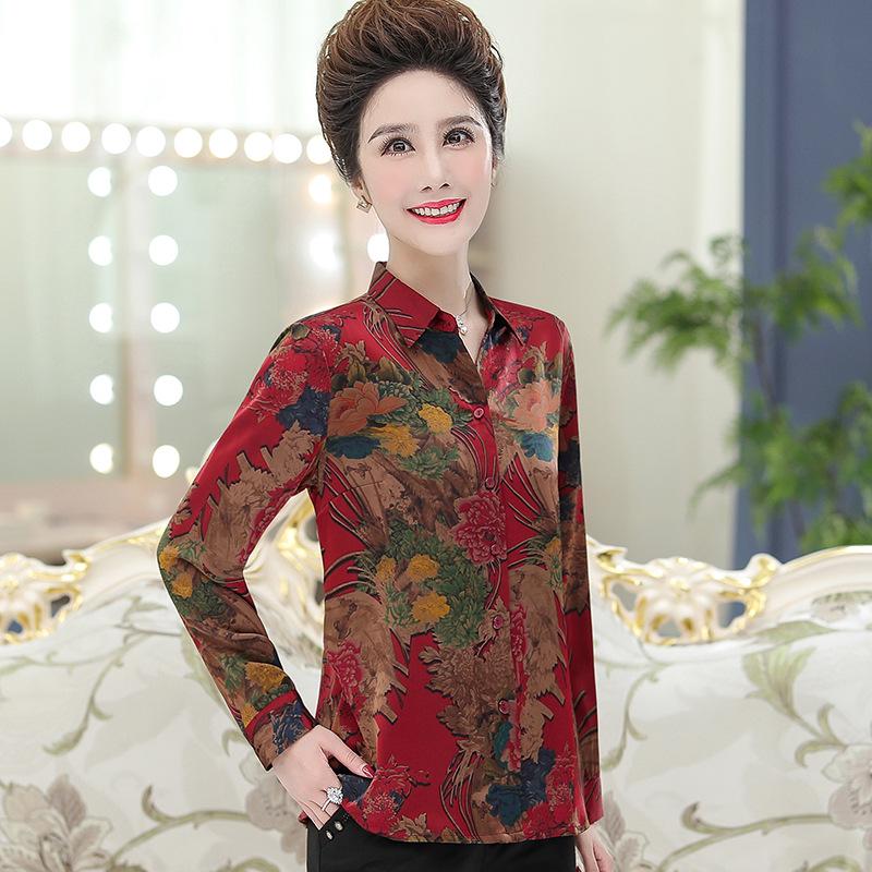 

Mother s Printed Silk Long Sleeve Shirt for Middle-Aged & Elderly Women - Spring/Autumn Style 5XL [145-160 jin] червоний
