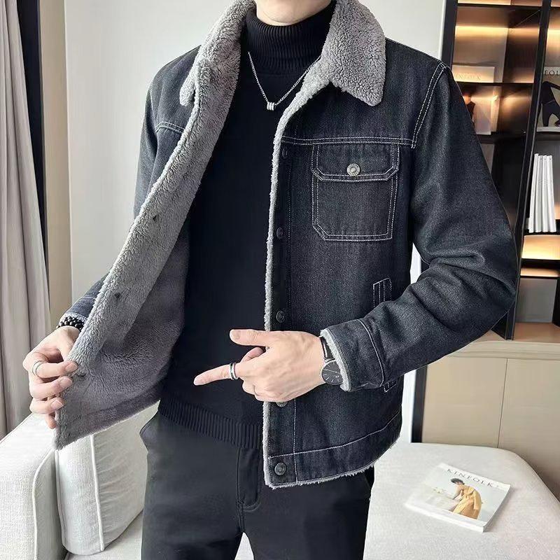 Men's Trendy Korean Style Denim Jacket with Lamb Fur Collar for Autumn and Winter