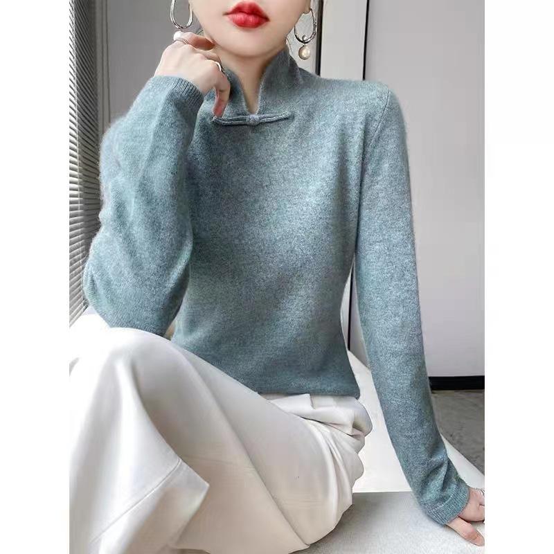 

2024 Chic Retro Chinese Button Style Cashmere Cardigan Sweater, Solid Color, Half-High Round Neck S