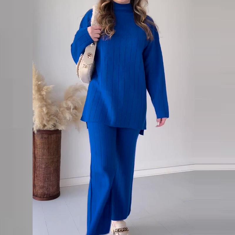 

2023 Осінній Європейський та Американський Однотонний Повсякденний Вільний Комплект Светра з Круглим Вирізом S синій