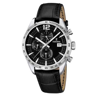 Timeless Chronograph Leather Strap Black Dial Quartz F16760-4 Men's Watch