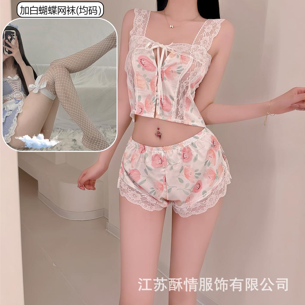 Crispy Sexy Sweet and Spicy Women's Summer Ice Silk Thin Pure Desire Suspender Shorts Two-piece Set Lace Temptation Set