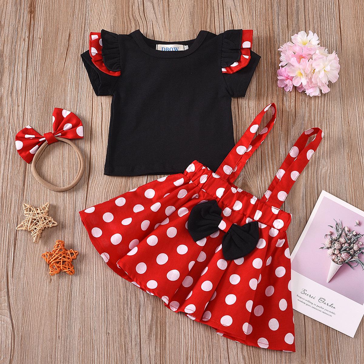 Trendy Girls Lace Puff Sleeve Top & Polka Dot Overalls with Bow Hairband Set 70cm/Newborn чёрный