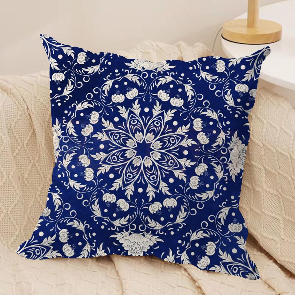 Ethnic Style Blue Floral Cushion Cover Silky Short Plush Sofa Pillow Cover Hidden Zipper Soft Dustproof Case for Home Decor