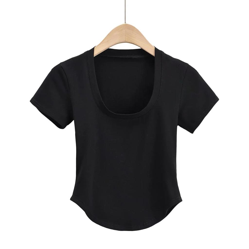 American Summer New Style Chest Revealing U-Neck Slim Fit Short Sleeved Top Sexy Slim Fit Revealing Short Curved Hem T-Shirt