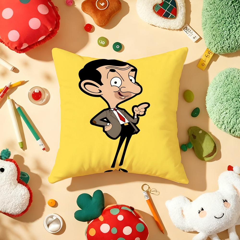 M-Mr. Beans Cartoon Pillow Case Plush Fabric Soft Double-Sided Printed Sofa Warm Winter Home Gift Cushion Cover